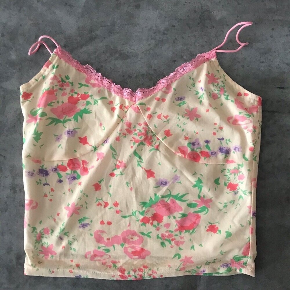 Vintage Cami Top Medium M/L Floral Lace Crop Lingerie Y2K Coquette Fairy Grunge